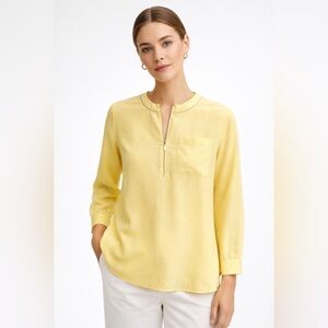 Lafayette 148 NY Yellow Silk Half-Zip Blouse Small Minimalist Luxury